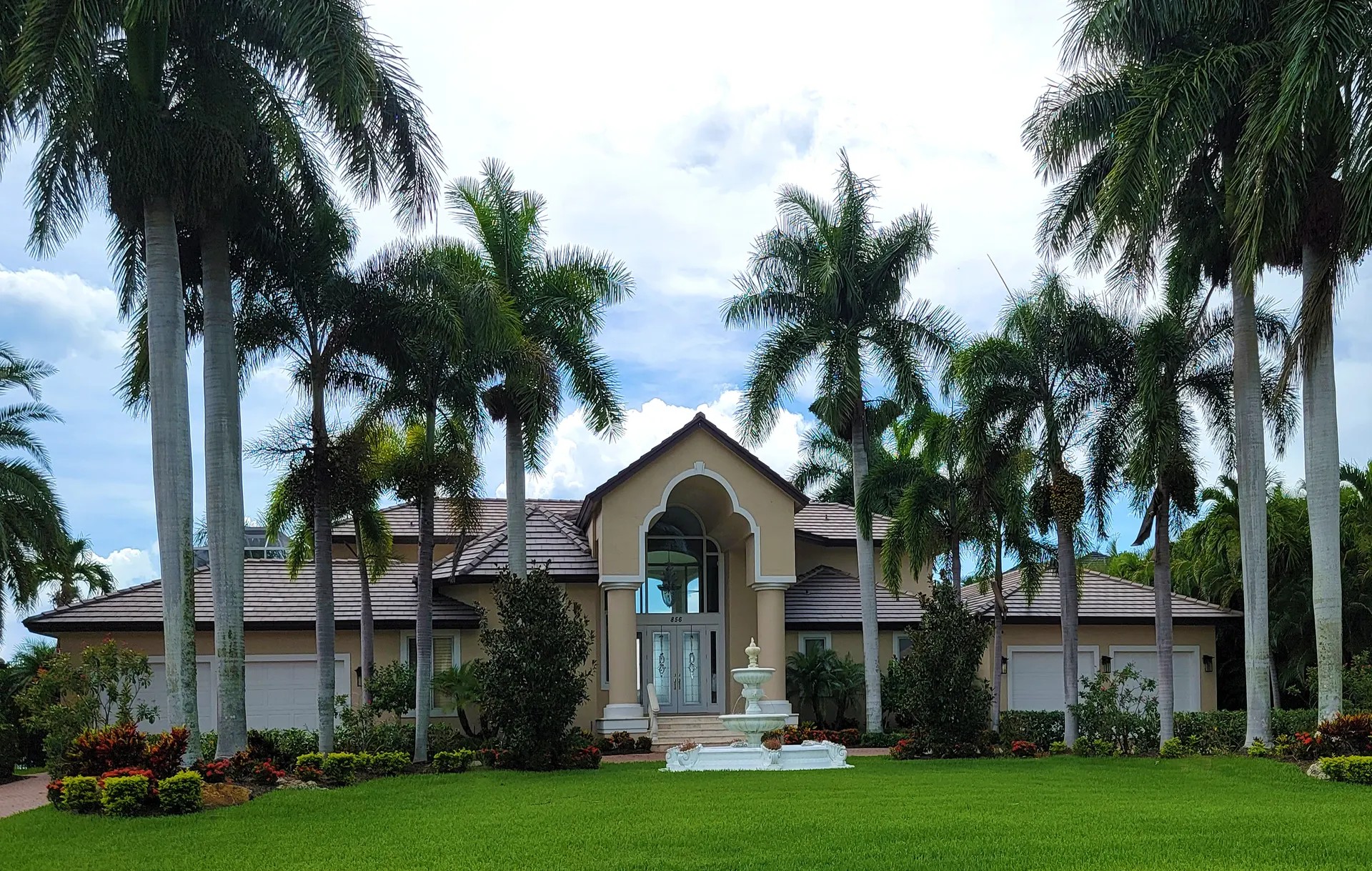 Manicured Florida lawn with palms in front of a Sarasota home