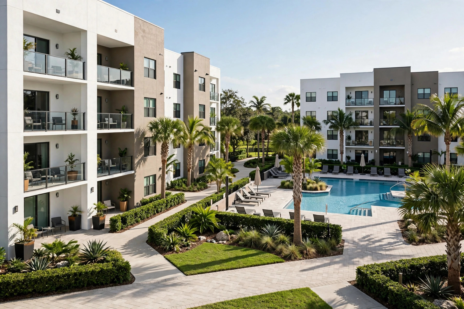 Manicured Florida community with pool and palm landscaping